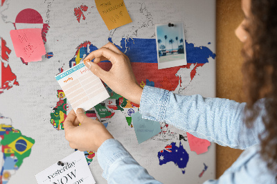 Korková nástenka na stenu Mapa sveta s vlajkami krajín