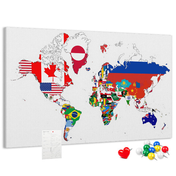 Korková nástenka na stenu Mapa sveta s vlajkami krajín