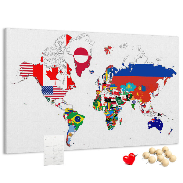 Korková nástenka na stenu Mapa sveta s vlajkami krajín