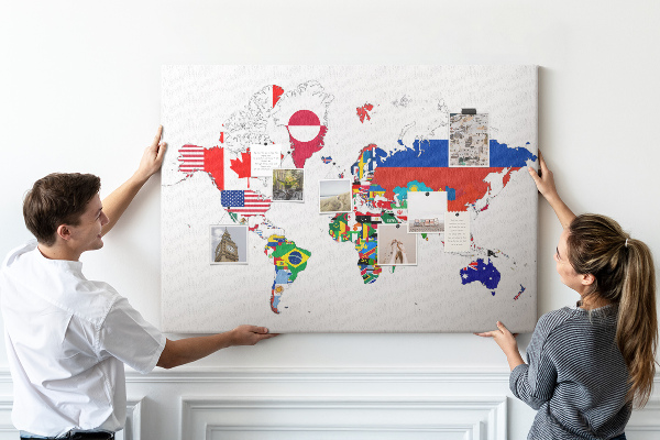 Korková nástenka na stenu Mapa sveta s vlajkami krajín