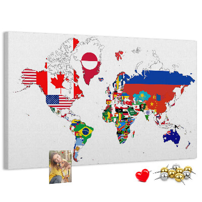 Korková nástenka na stenu Mapa sveta s vlajkami krajín