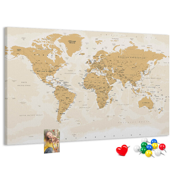 Korková nástenka na stenu Mapa sveta s vyznačenými polohami.