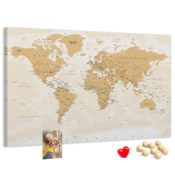Korková nástenka na stenu Mapa sveta s vyznačenými polohami.