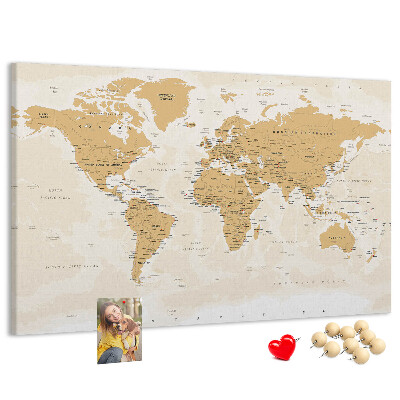 Korková nástenka na stenu Mapa sveta s vyznačenými polohami.