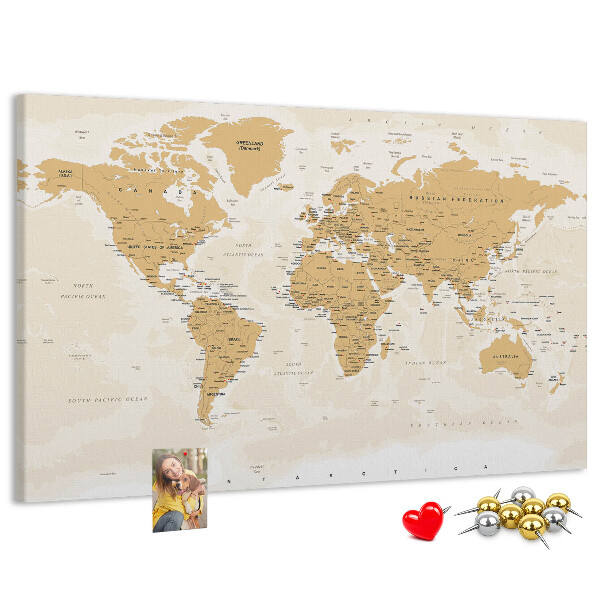 Korková nástenka na stenu Mapa sveta s vyznačenými polohami.
