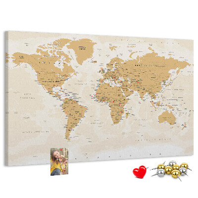 Korková nástenka na stenu Mapa sveta s vyznačenými polohami.
