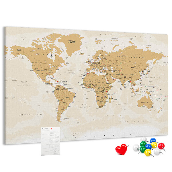 Korková nástenka na stenu Mapa sveta s vyznačenými polohami.