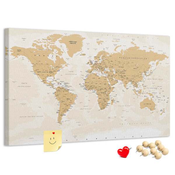 Korková nástenka na stenu Mapa sveta s vyznačenými polohami.