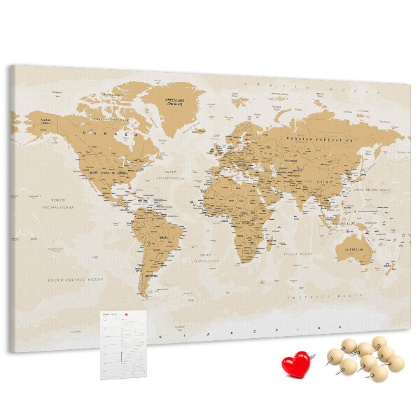 Korková nástenka na stenu Mapa sveta s vyznačenými polohami.