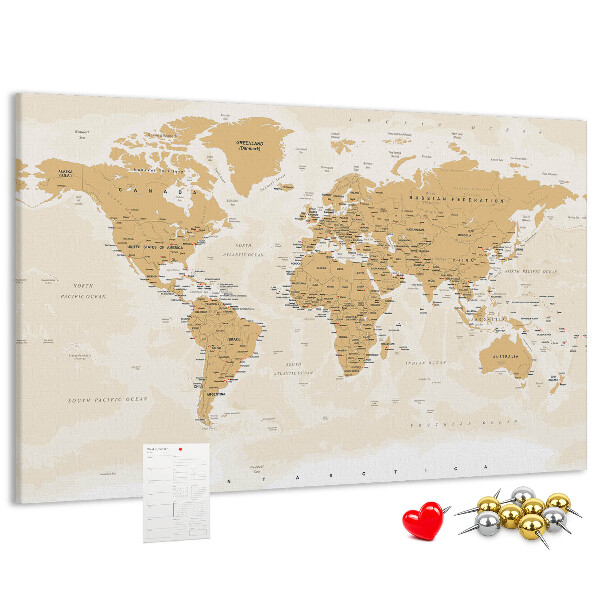 Korková nástenka na stenu Mapa sveta s vyznačenými polohami.