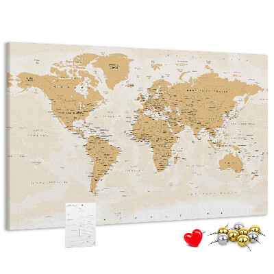 Korková nástenka na stenu Mapa sveta s vyznačenými polohami.
