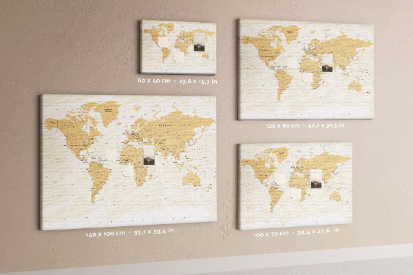 Korková nástenka na stenu Mapa sveta s vyznačenými polohami.