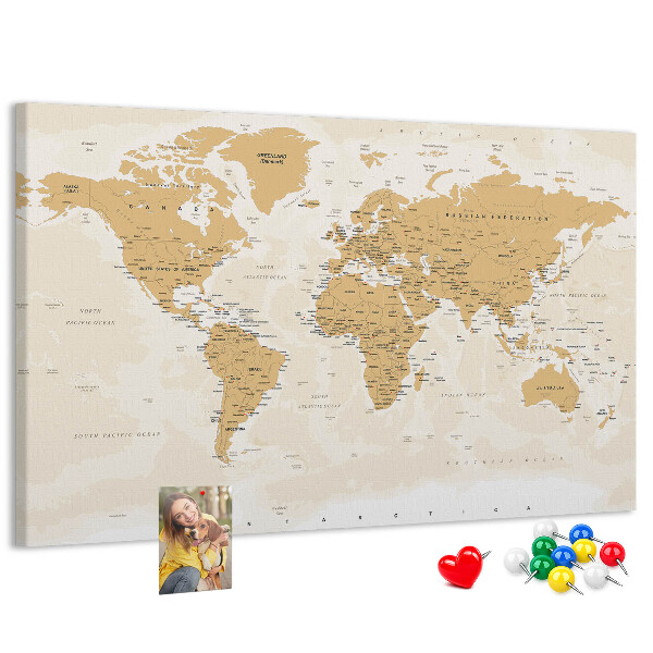 Korková nástenka na stenu Mapa sveta s vyznačenými polohami.