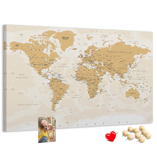 Korková nástenka na stenu Mapa sveta s vyznačenými polohami.