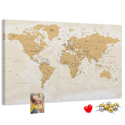 Korková nástenka na stenu Mapa sveta s vyznačenými polohami.
