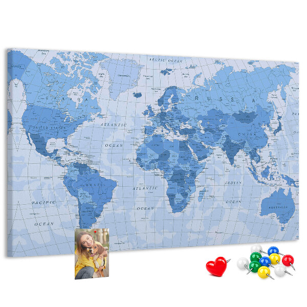 Nástenka Mapa sveta v odtieňoch modrej.