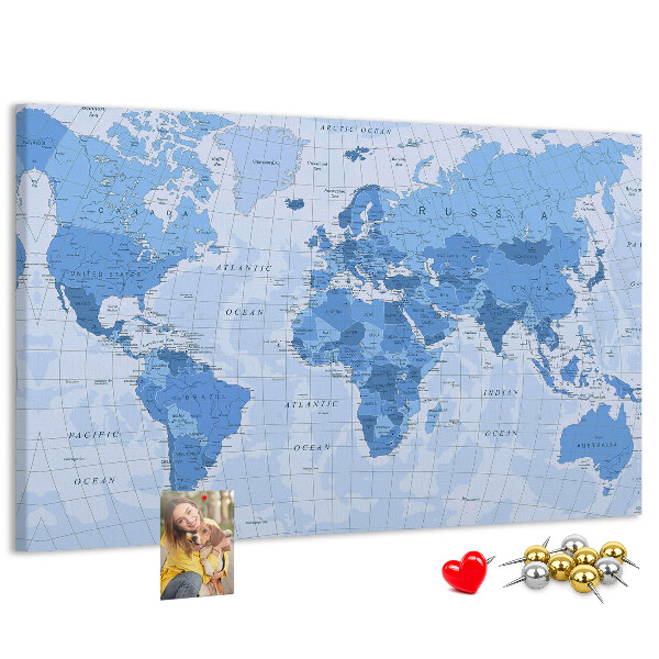 Nástenka Mapa sveta v odtieňoch modrej.