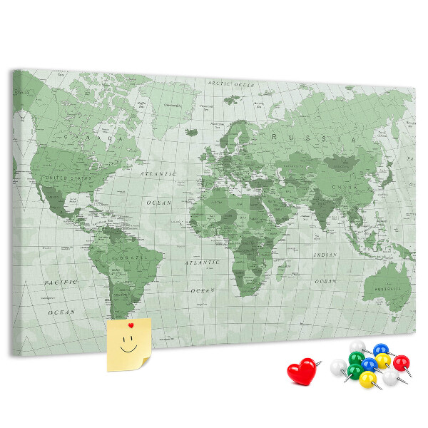 Korková nástenka na stenu Zelená mapa sveta s kontinentmi