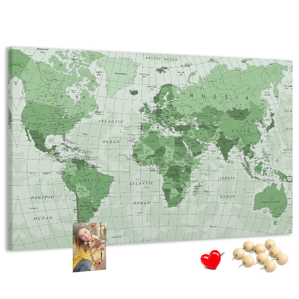 Korková nástenka na stenu Zelená mapa sveta s kontinentmi