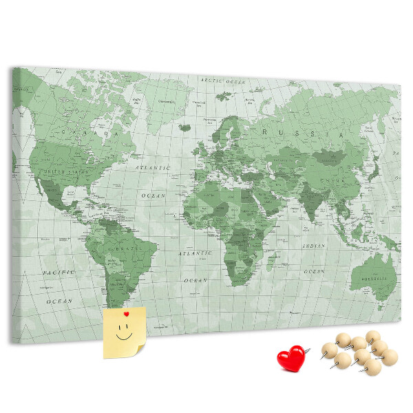 Korková nástenka na stenu Zelená mapa sveta s kontinentmi