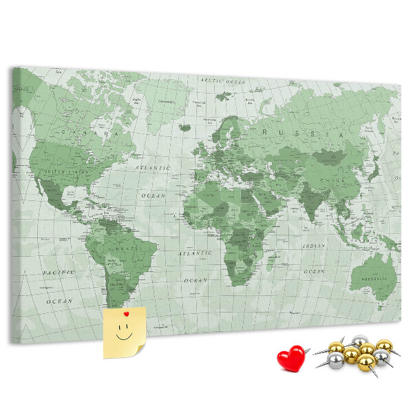 Korková nástenka na stenu Zelená mapa sveta s kontinentmi
