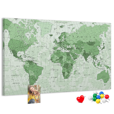 Korková nástenka na stenu Zelená mapa sveta s kontinentmi