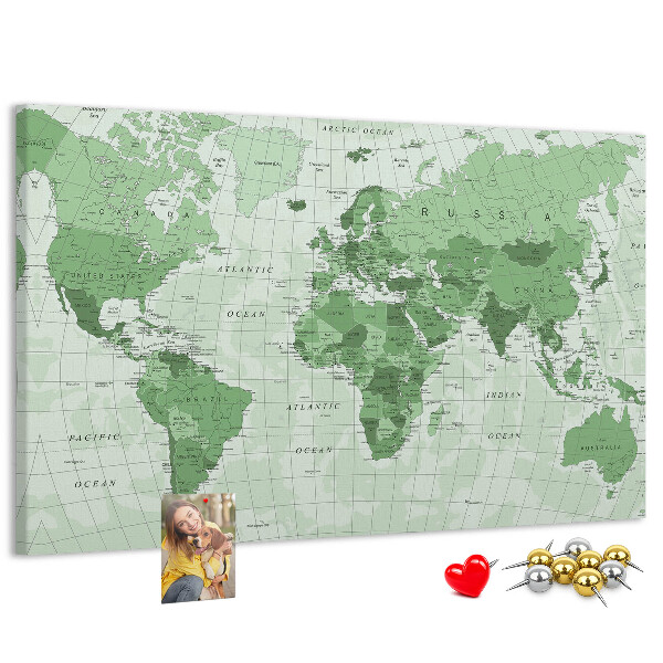 Korková nástenka na stenu Zelená mapa sveta s kontinentmi