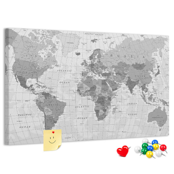 Korková tabuľa Podrobná mapa sveta v odtieňoch sivej