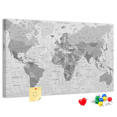Korková tabuľa Podrobná mapa sveta v odtieňoch sivej