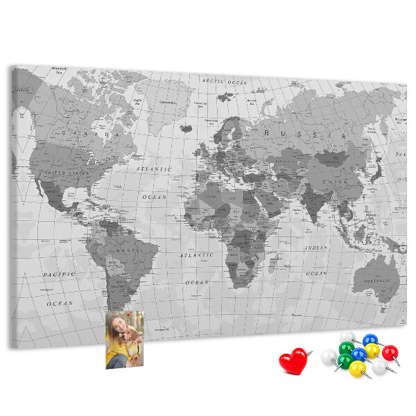 Korková tabuľa Podrobná mapa sveta v odtieňoch sivej
