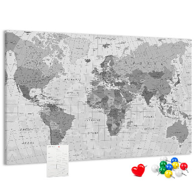 Korková tabuľa Podrobná mapa sveta v odtieňoch sivej