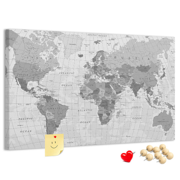 Korková tabuľa Podrobná mapa sveta v odtieňoch sivej
