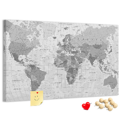 Korková tabuľa Podrobná mapa sveta v odtieňoch sivej