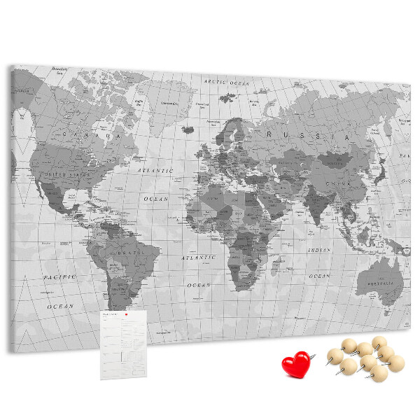 Korková tabuľa Podrobná mapa sveta v odtieňoch sivej