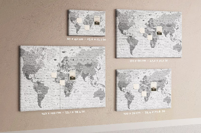 Korková tabuľa Podrobná mapa sveta v odtieňoch sivej