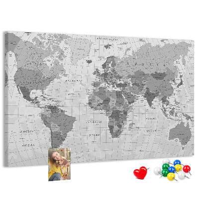 Korková tabuľa Podrobná mapa sveta v odtieňoch sivej