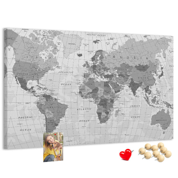 Korková tabuľa Podrobná mapa sveta v odtieňoch sivej