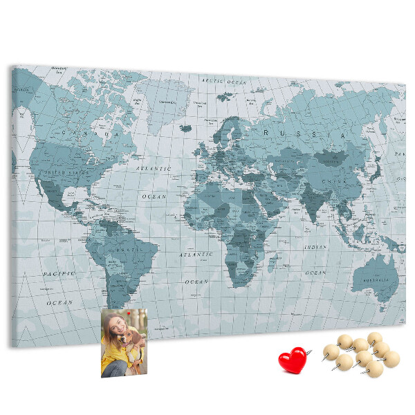 Nástenka Mapa sveta v odtieňoch modrej.