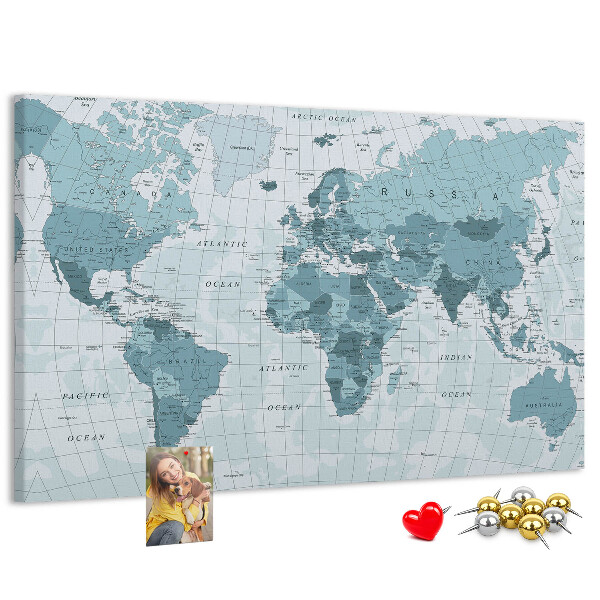 Nástenka Mapa sveta v odtieňoch modrej.