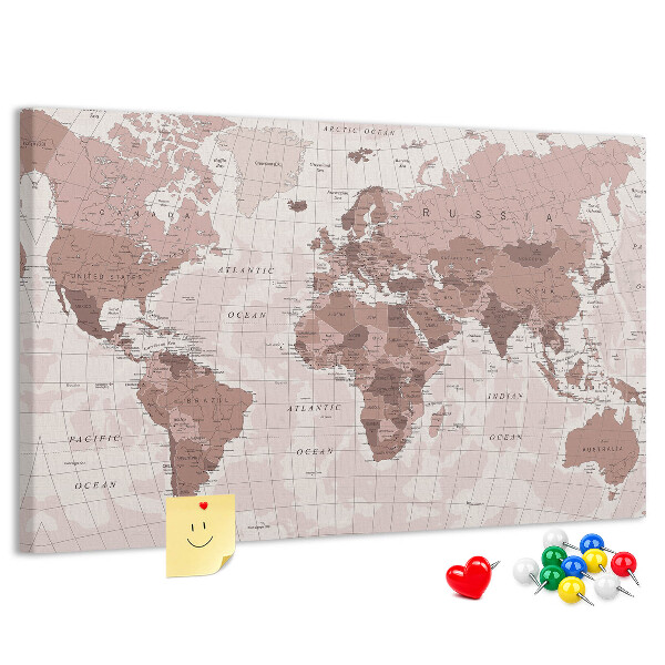 Korková nástenka na stenu Mapa sveta v odtieňoch ružovej.
