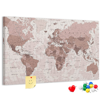 Korková nástenka na stenu Mapa sveta v odtieňoch ružovej.