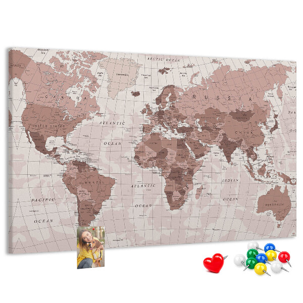 Korková nástenka na stenu Mapa sveta v odtieňoch ružovej.