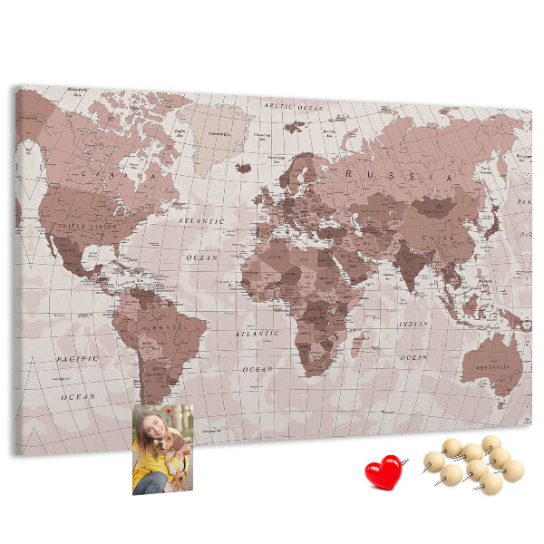 Korková nástenka na stenu Mapa sveta v odtieňoch ružovej.
