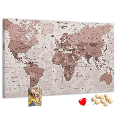 Korková nástenka na stenu Mapa sveta v odtieňoch ružovej.