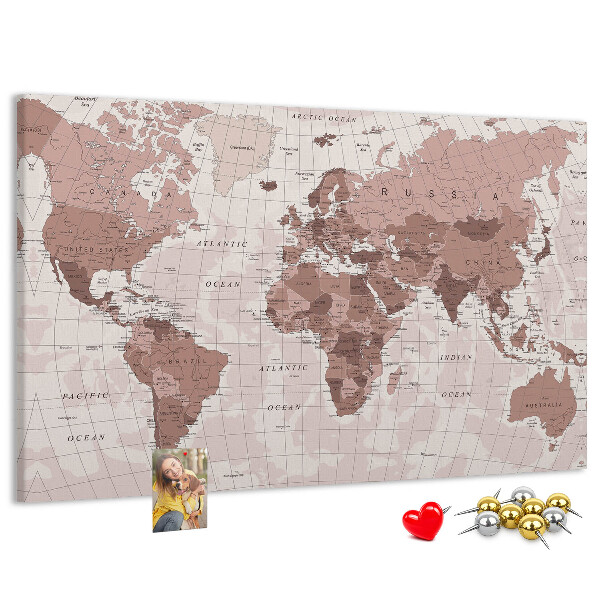 Korková nástenka na stenu Mapa sveta v odtieňoch ružovej.