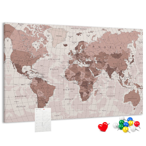 Korková nástenka na stenu Mapa sveta v odtieňoch ružovej.