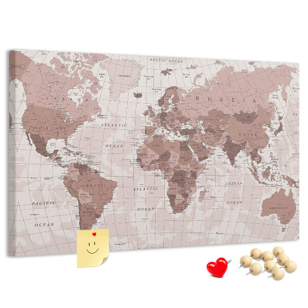Korková nástenka na stenu Mapa sveta v odtieňoch ružovej.