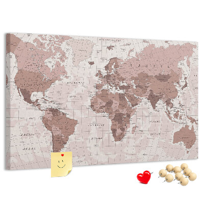Korková nástenka na stenu Mapa sveta v odtieňoch ružovej.