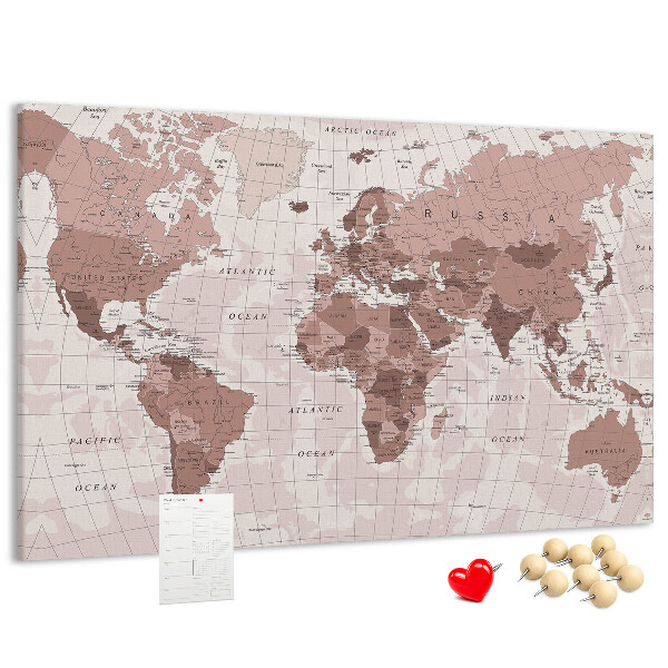 Korková nástenka na stenu Mapa sveta v odtieňoch ružovej.