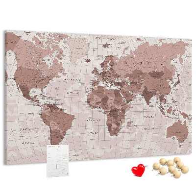 Korková nástenka na stenu Mapa sveta v odtieňoch ružovej.